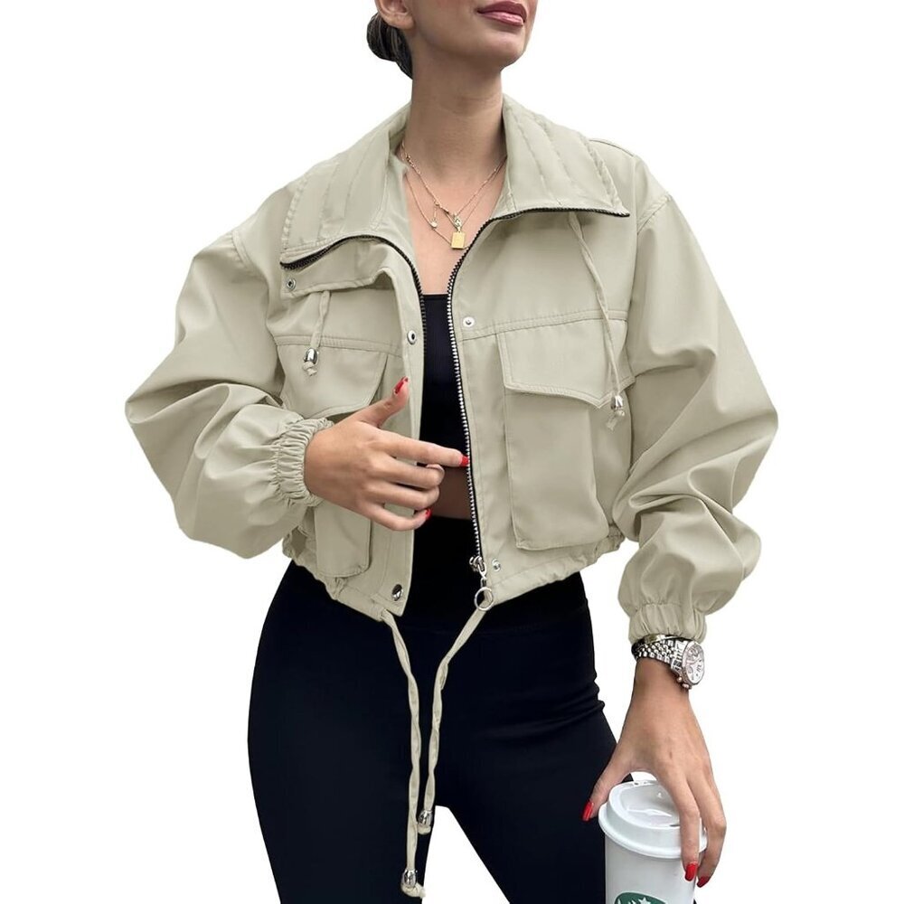 Womens Beige  Tankaneo Cropped Jacket Zip Up Oversized Utility Anorak Coat